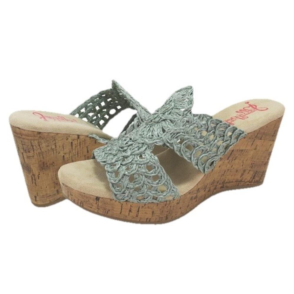 Jellypop Womens 9 Wedge Sandals Spring Slip On Sage Green Crochet Cork Comfort
